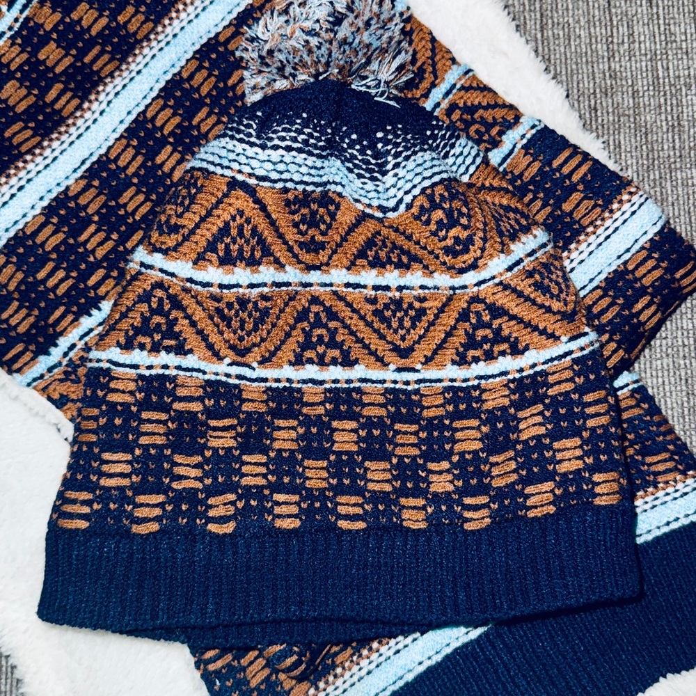 Orvis Navy and Orange Knit Scarf and Hat Set